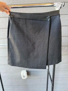 Women's Charcoal Plaid Wrap Skirt with Faux Leather Waistband